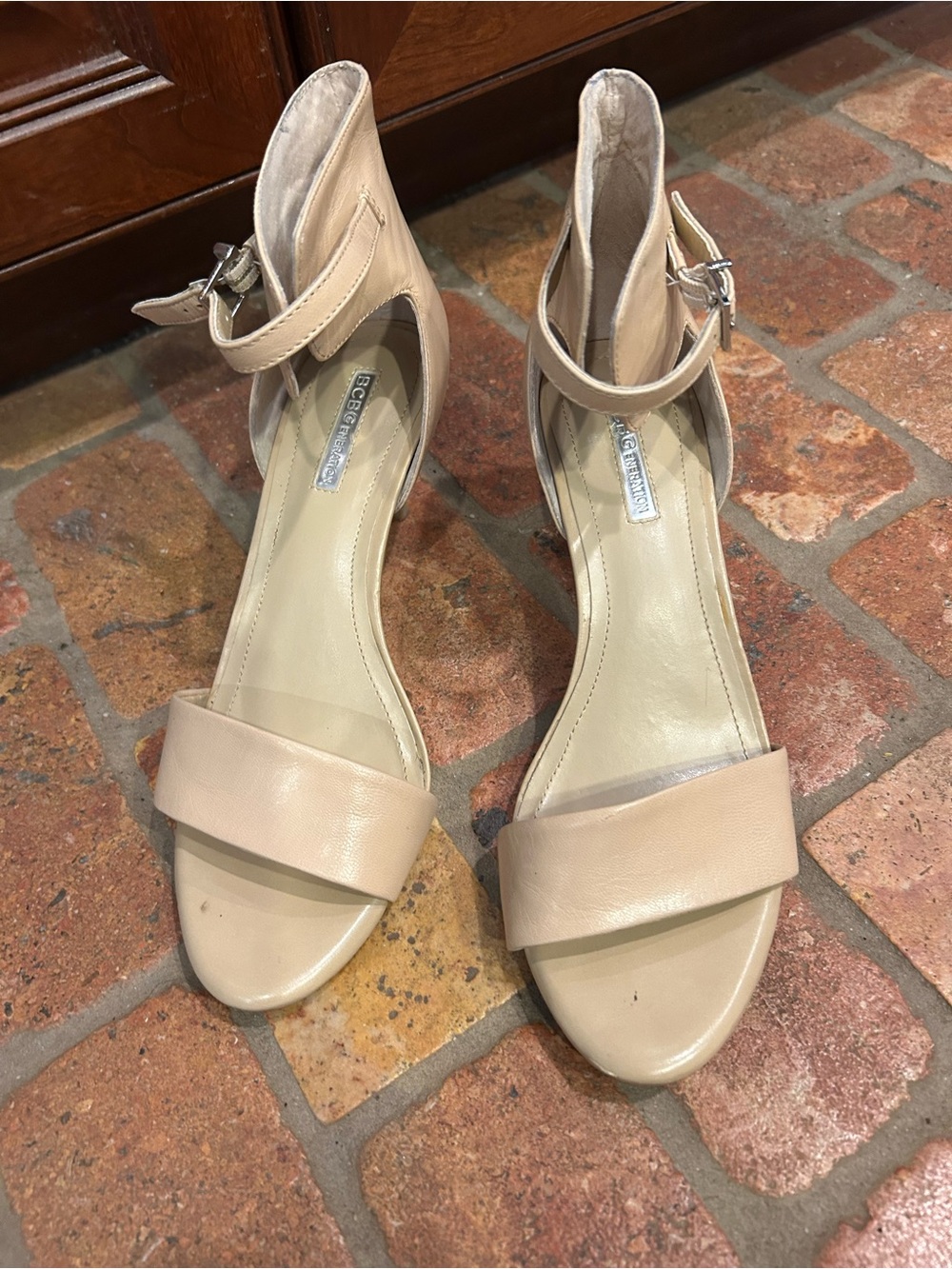 BCBG Nude Beige Ankle-Strap Open-Toe Heels